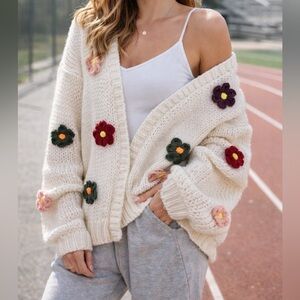 🌼 JODIFL Cream Chunky Knit Floral Appliqué Cardigan | Women’s L